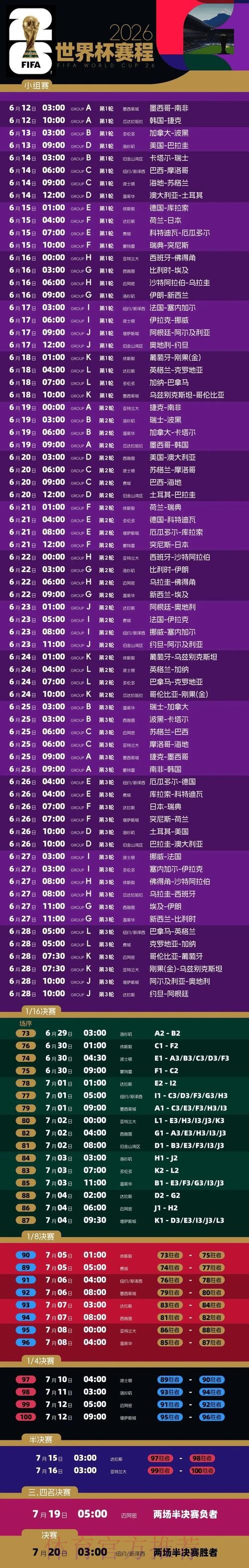 2026世界杯每日赛程详细安排完整安排实时查看