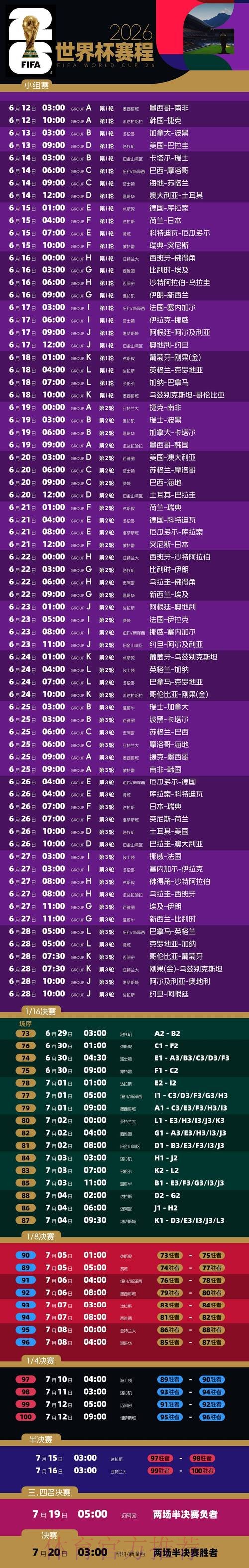 2026世界杯每日赛程最新比赛时间表免费观看